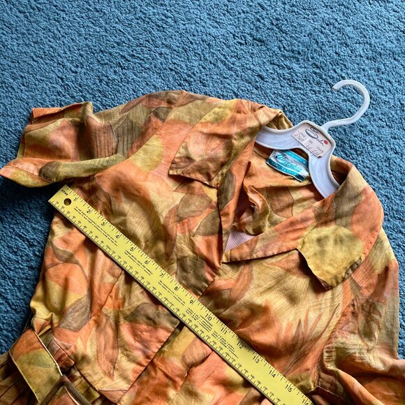 1950s short sleeve belted waist hidden button front orange brown pattern dress - Picture 16 of 16